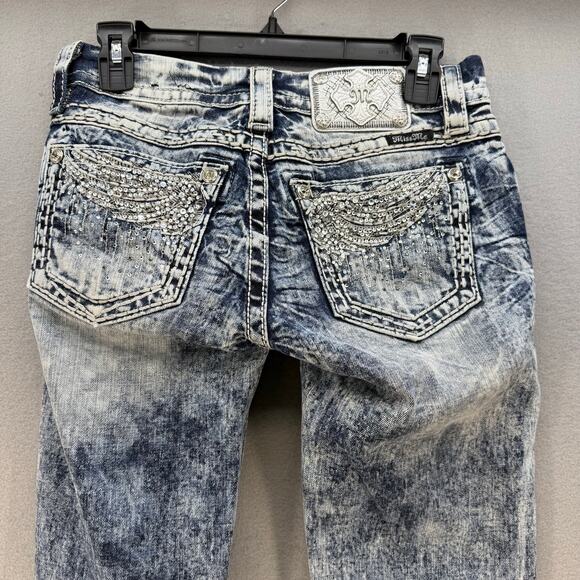 Miss Me Jeans Women's 25x31 (2) Blue Acid Washed Boot Crystal Angel Wings Blingy - Picture 1 of 16